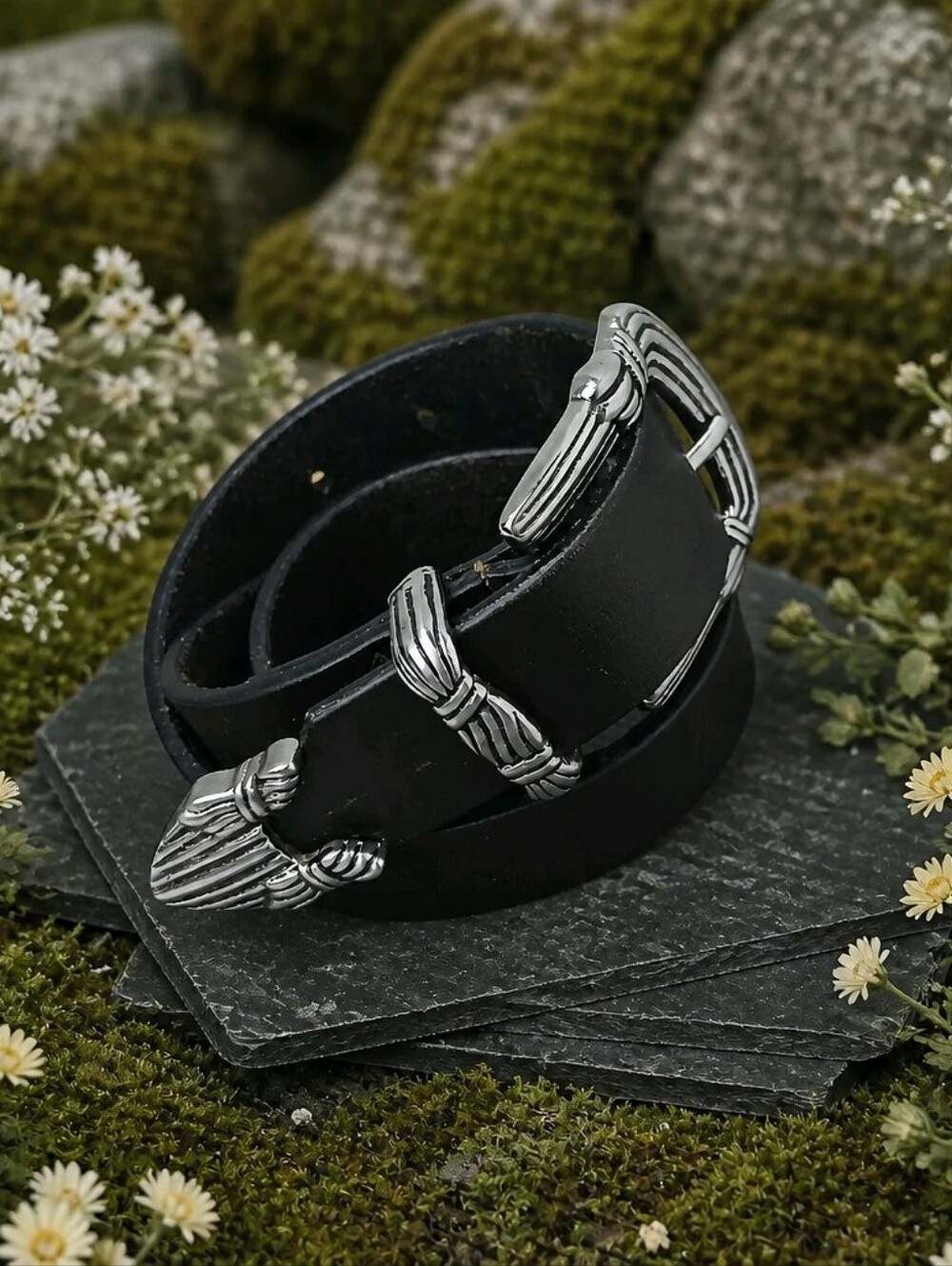 Donna Katz Black Leather Women's Western-Inspired Belt with Silver Embo Accents